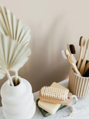 Arrangement of various eco friendly toiletries in bathroom