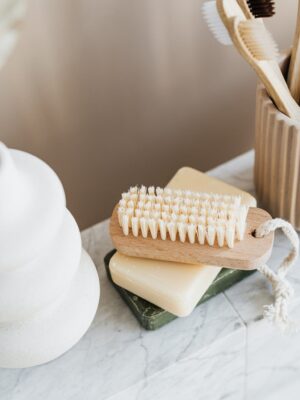 Set of natural toiletries on marble tabletop